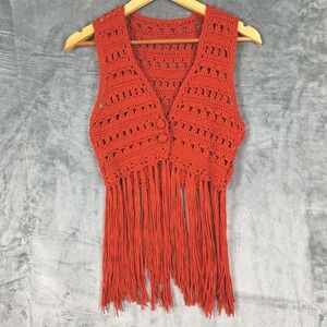 Womens Top Small Red Boho Crochet Knit Fringe Festival Cottagecore Hippie Vest